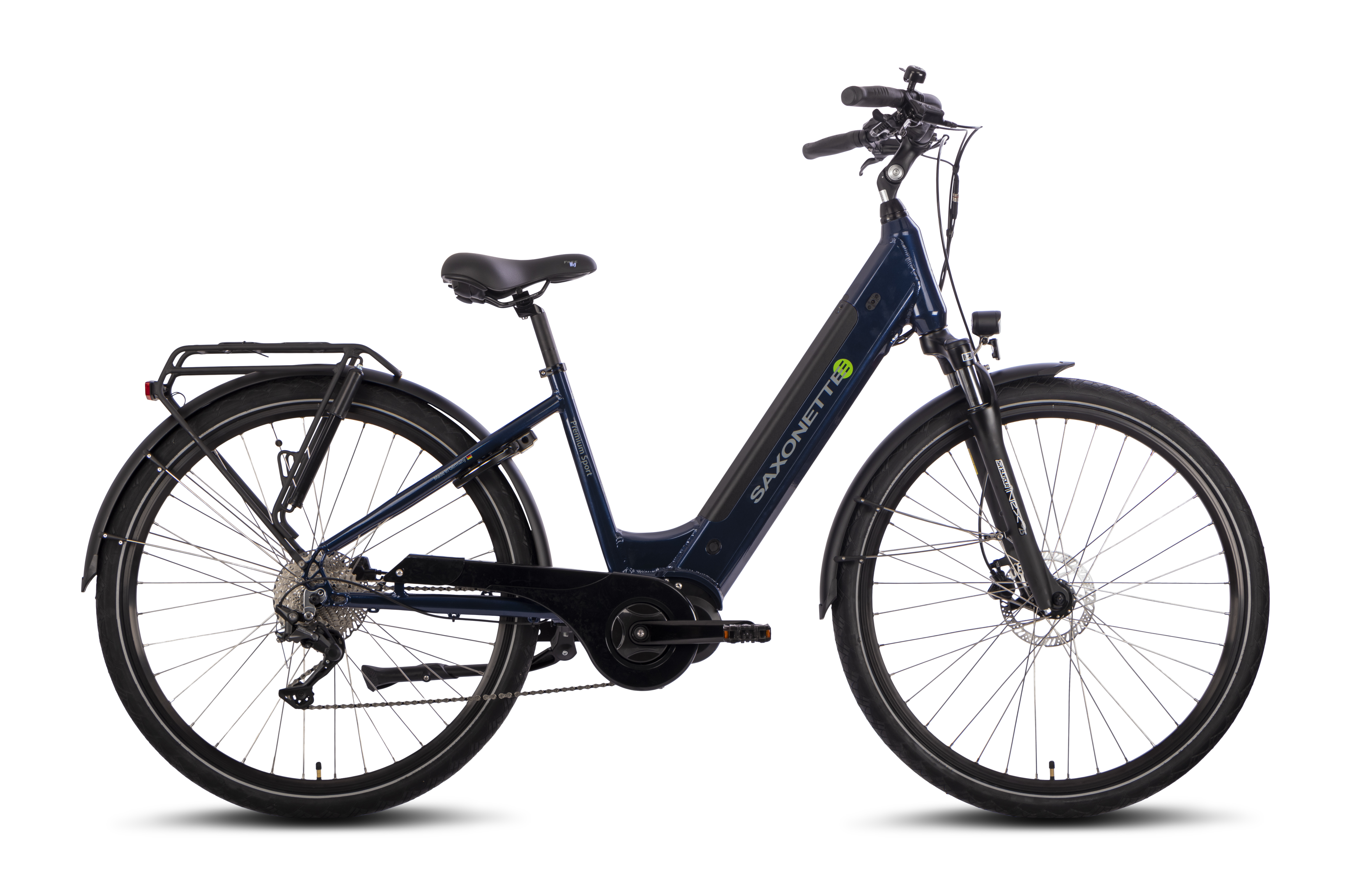 SAXONETTE Premium Sport E-Citybike 2. Wahl neuwertig Kettenschaltung Federgabel 10 Gang Wave nightblue glänzend