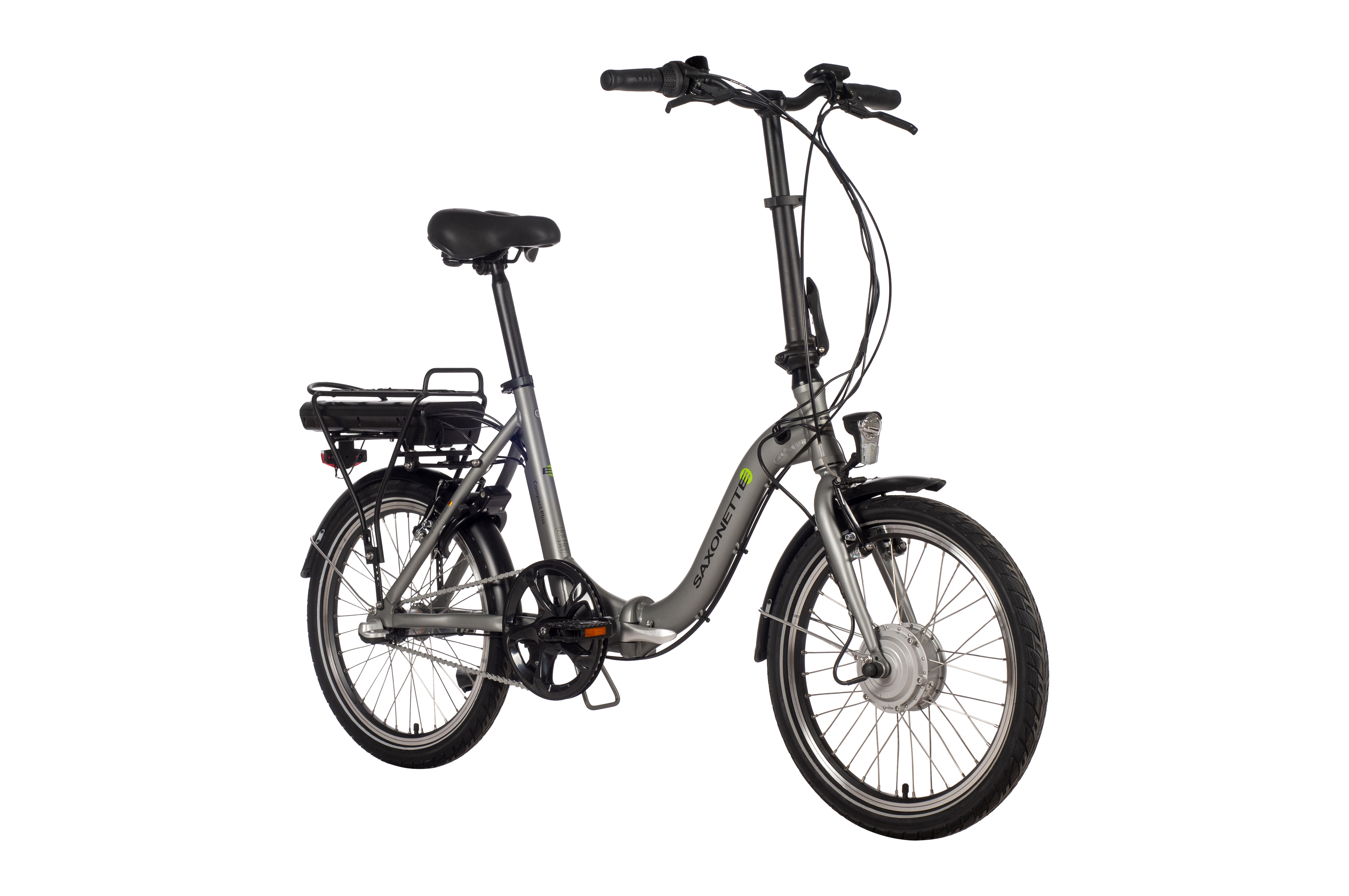 SAXONETTE Compact Plus E-Faltrad Rücktrittbremse Vorderradmotor Stahlgabel 3 Gang Nabenschaltung silber matt
