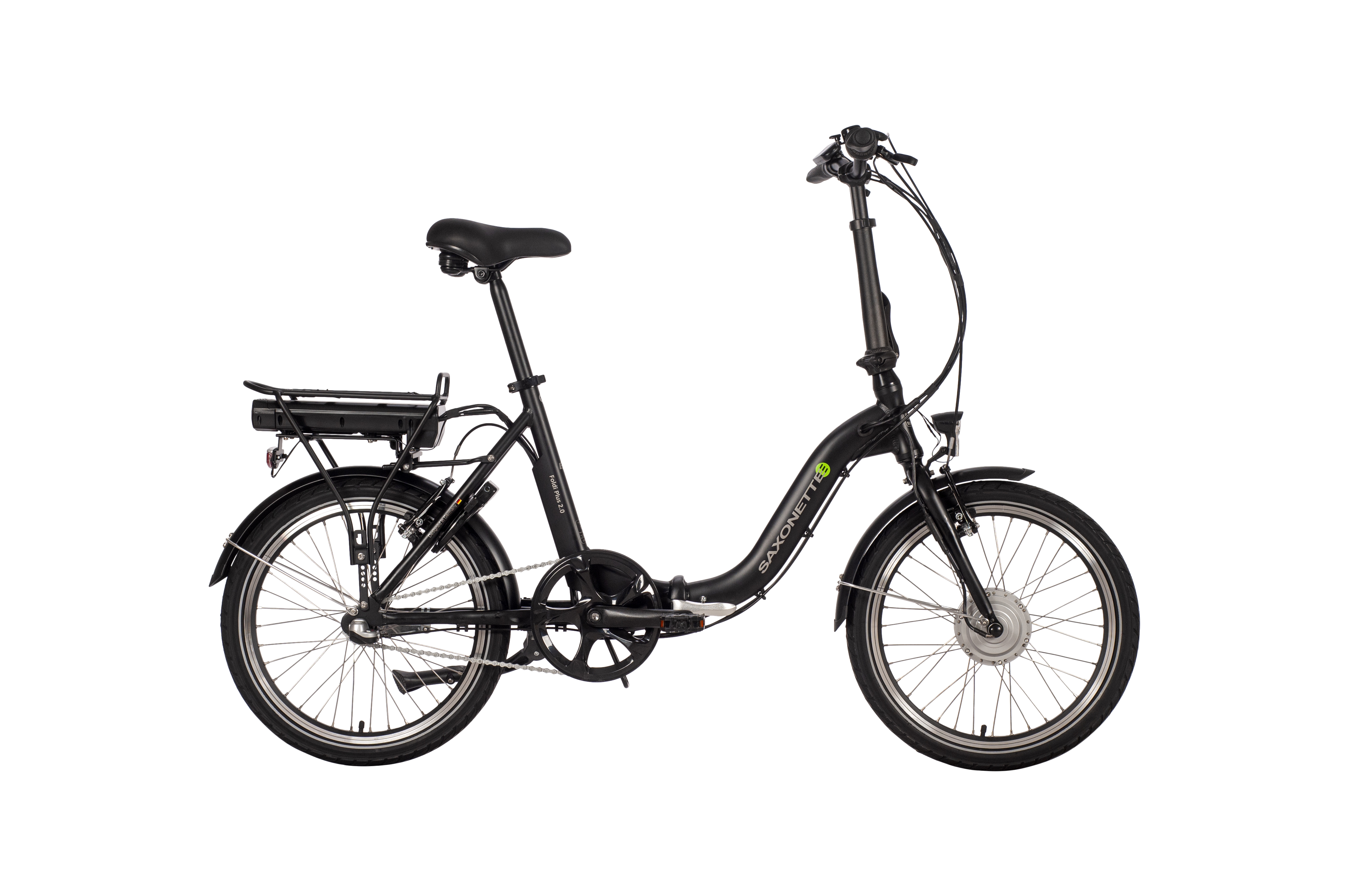 SAXONETTE Foldi Plus 2.0  E-Faltrad 3 Gang Nabenschaltung Vorderradmotor Stahlgabel Wave schwarz matt