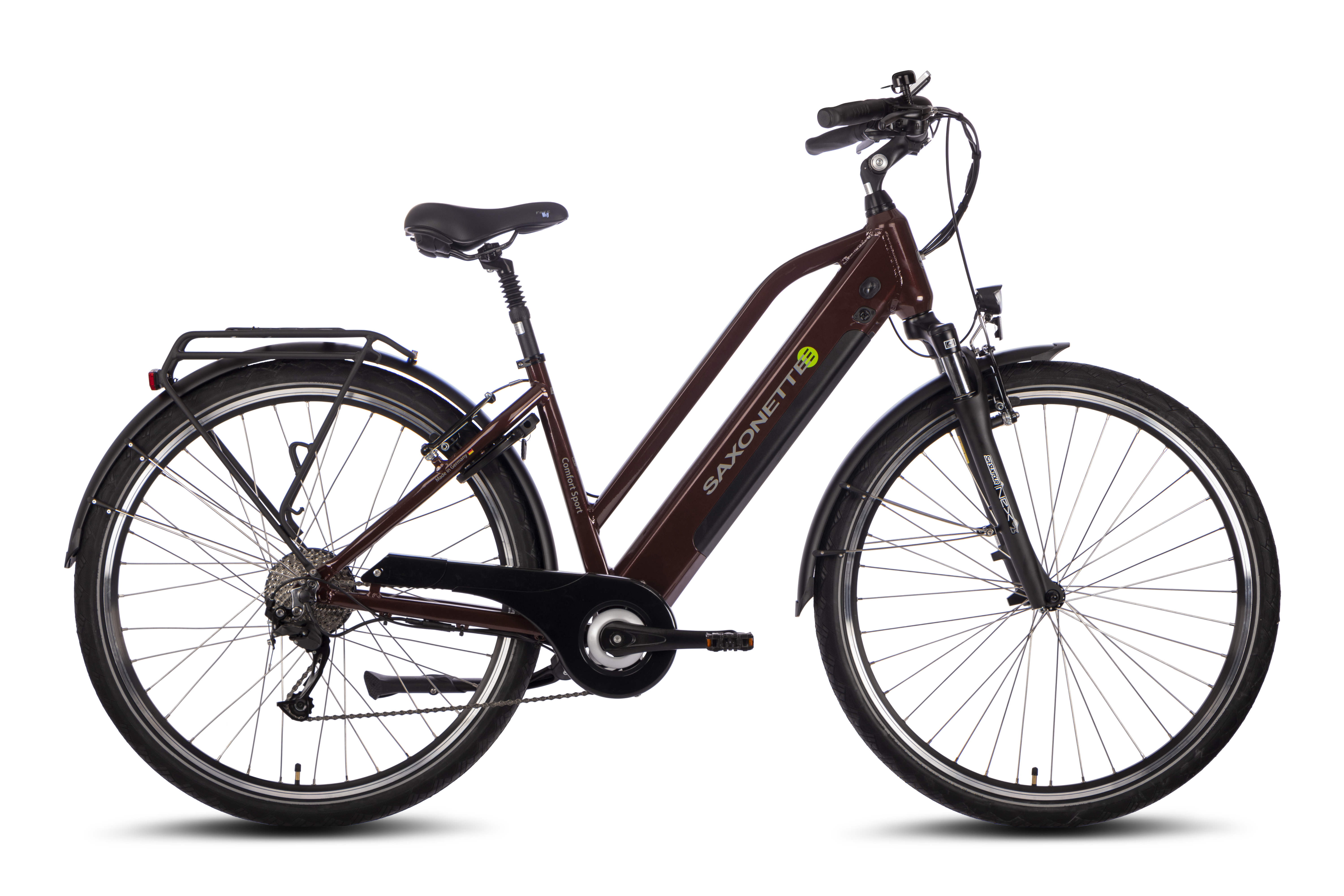 SAXONETTE Comfort Sport E-Trekkingbike 2. Wahl neuwertig 9 Gang Kettenschaltung Federgabel Trapez bordeaux glänzend