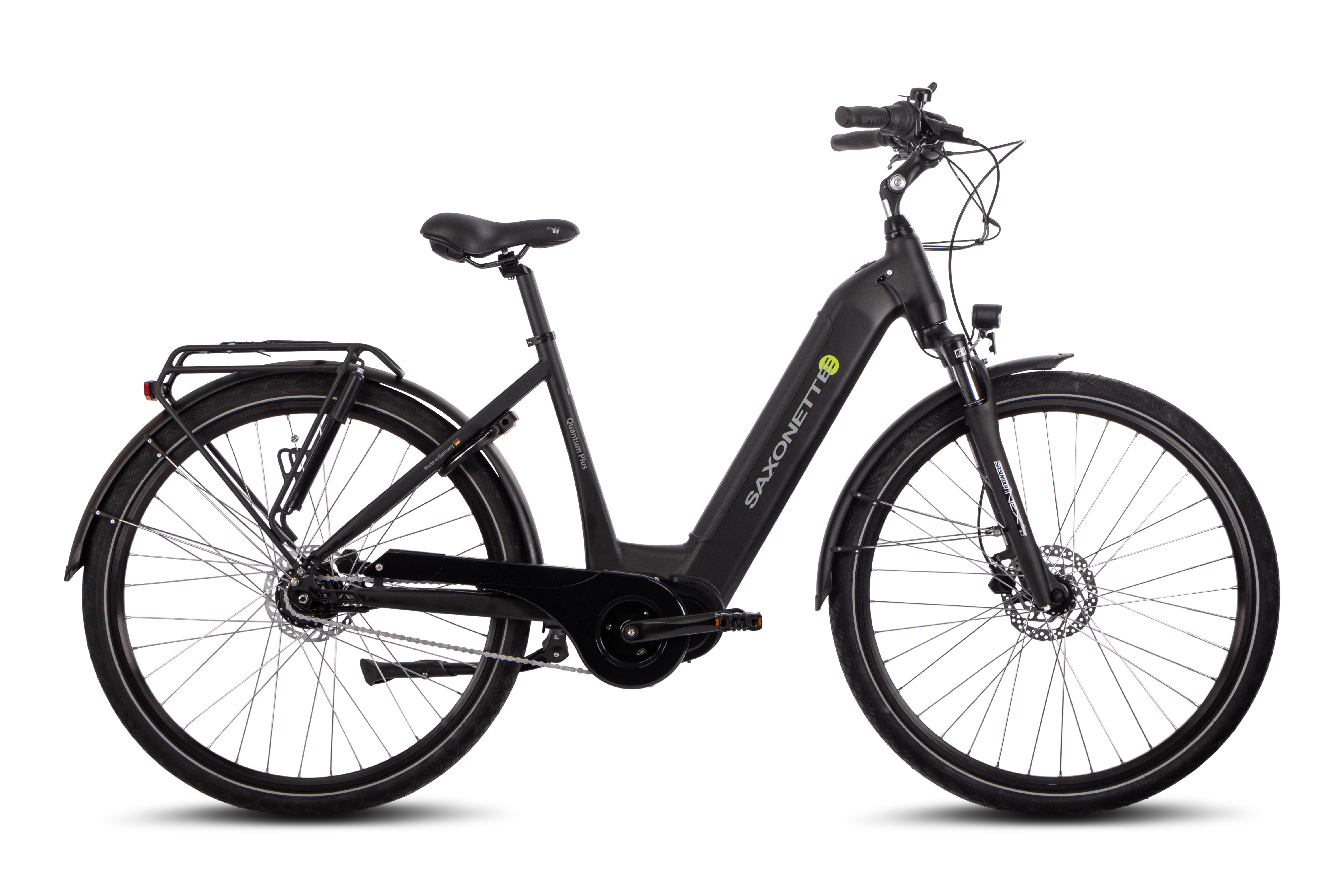 SAXONETTE Quantum Plus E-Citybike 8 Gang Nabenmotor Scheibenbremsen Federgabel Wave schwarz matt