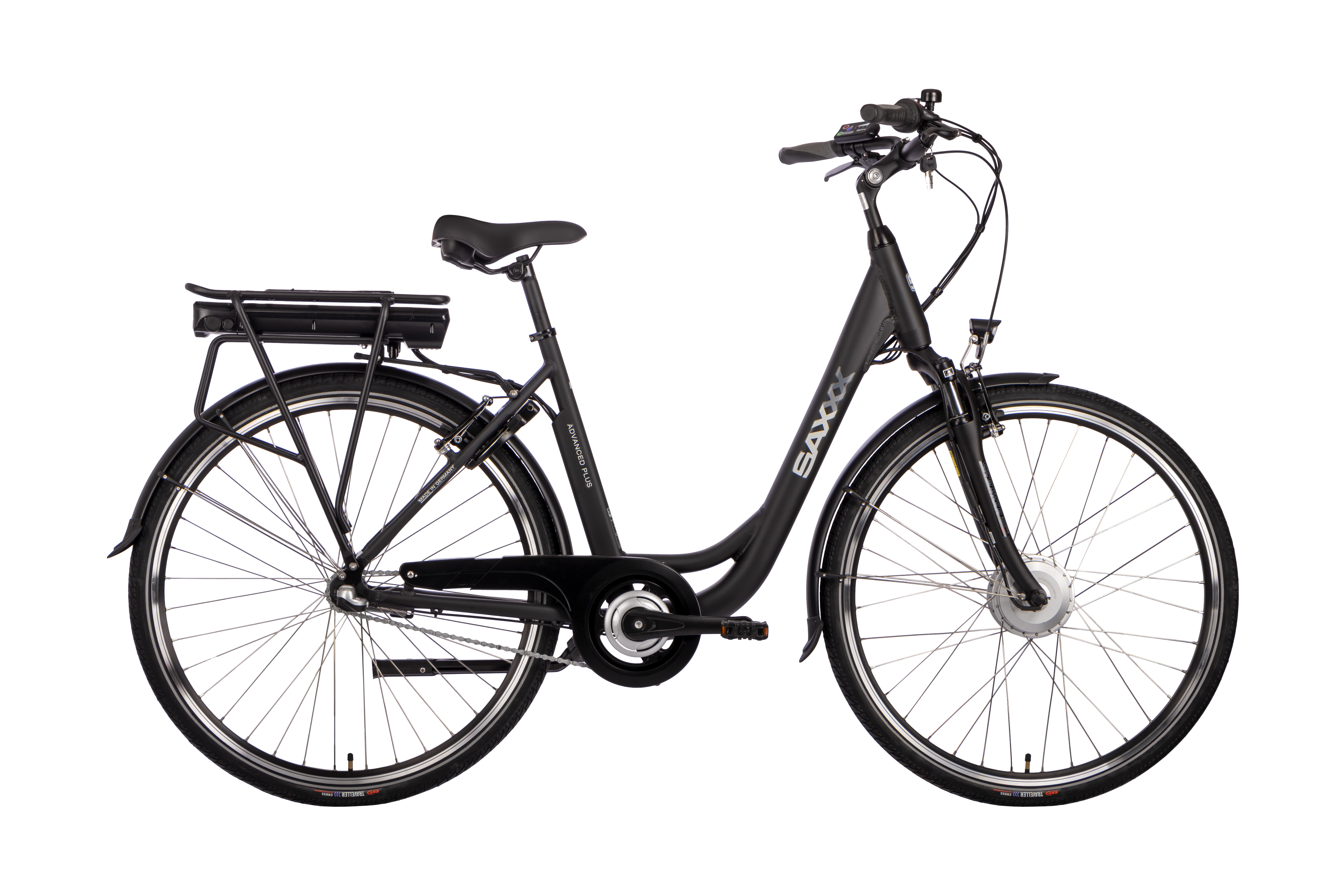 SAXXX Advanced Plus E-Citybike Vorderradmotor Rücktrittbremse Federgabel 3 Gang Wave schwarz matt