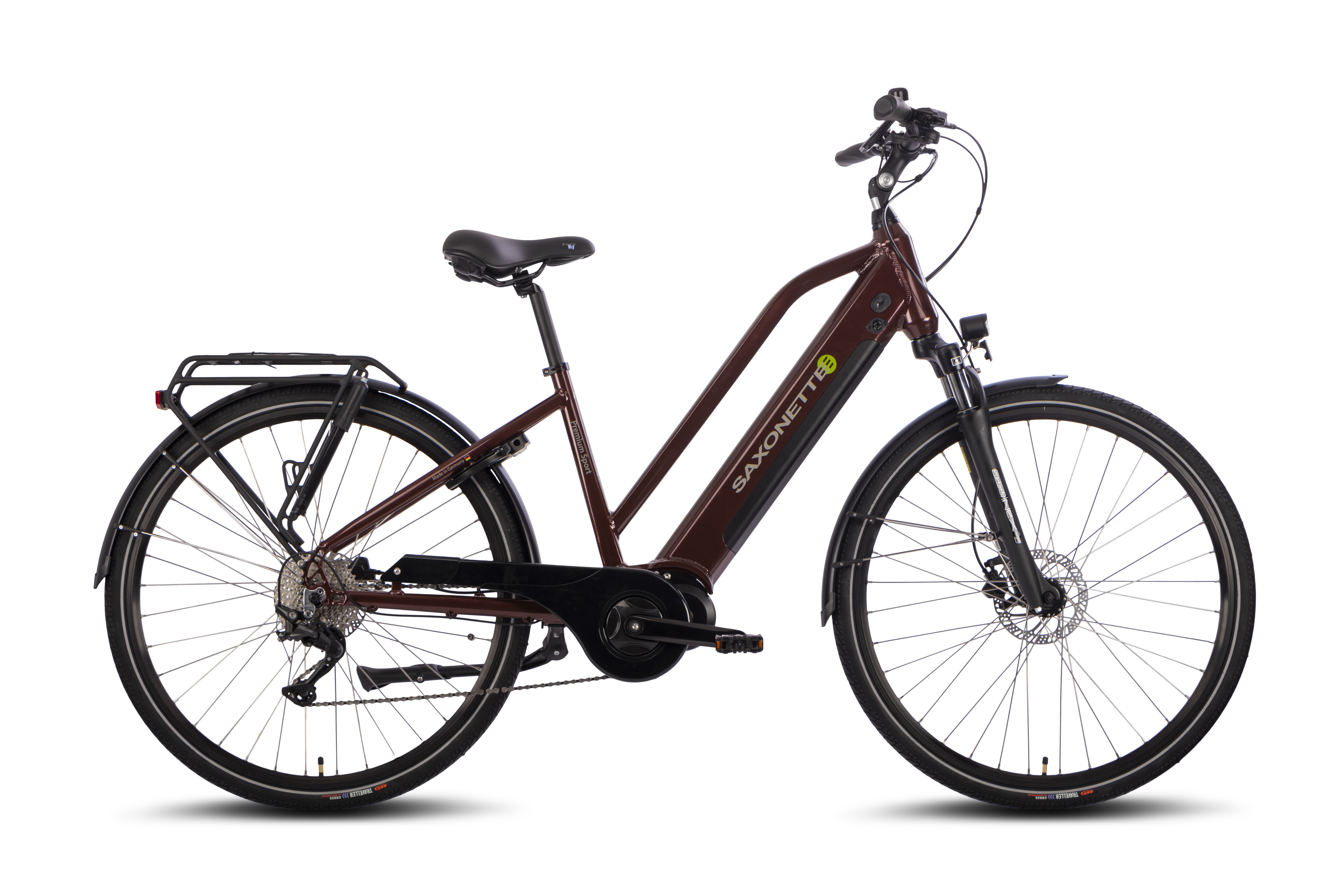 SAXONETTE Premium Sport E-Trekkingbike B-Ware neuwertig Scheibenbremse 10 Gang Federgabel Trapez bordeaux glänzend