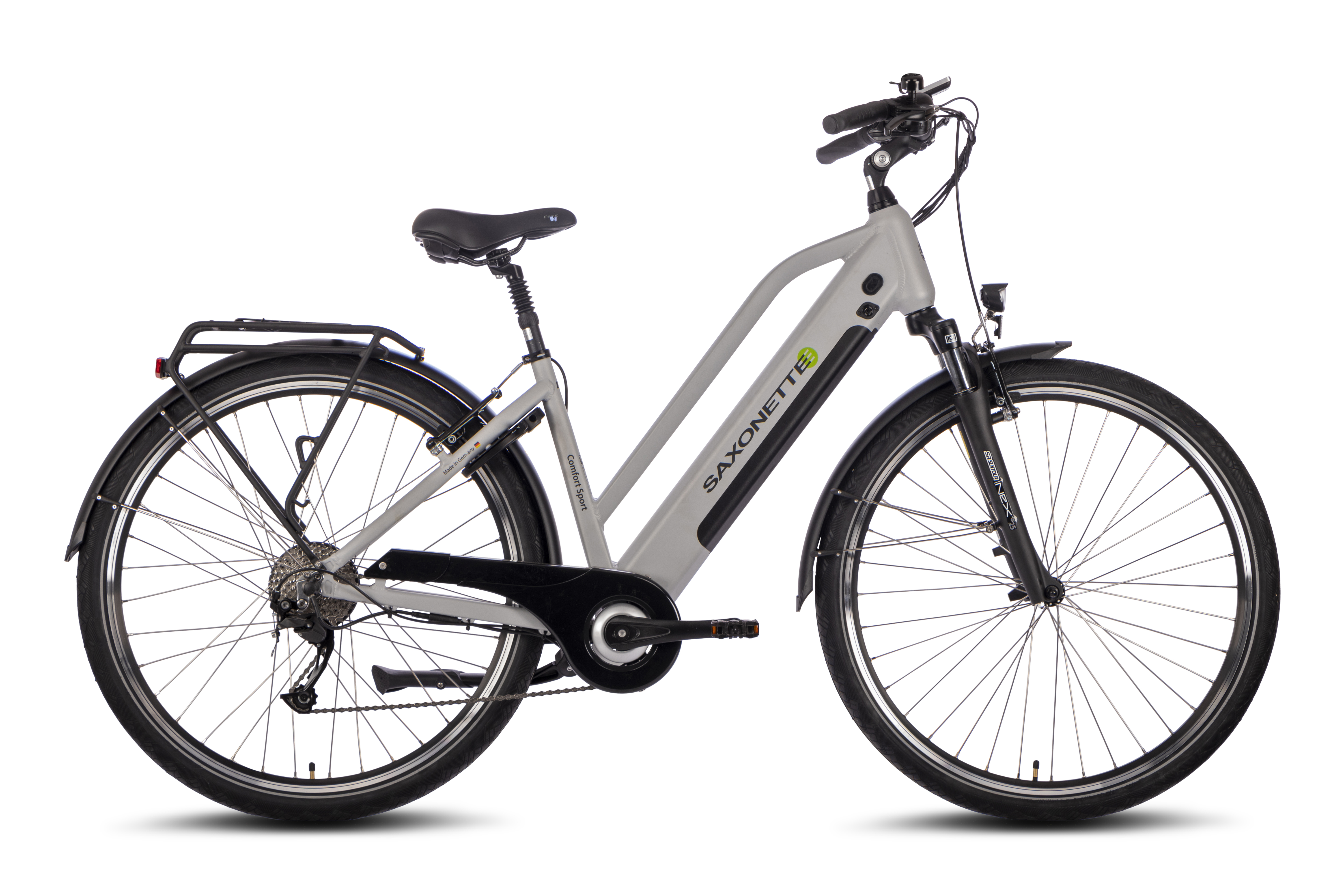 SAXONETTE Comfort Sport E-Trekkingbike B-Ware 9 Gang Kettenschaltung Federgabel silber matt